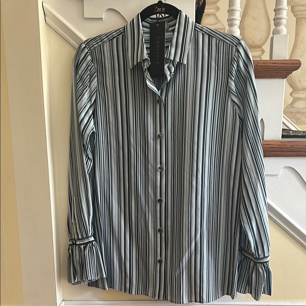 NWT Carlisle 100% Silk Striped Blouse Flounce Cuffs